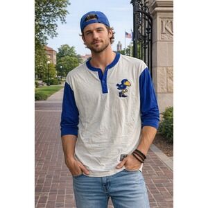Mitchell & Ness Kansas Jayhawks Henley Shirt Mens L White Blue 3/4 Sleeve Cotton